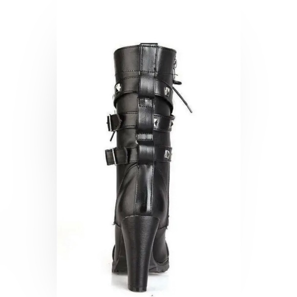 Furcross: Women Calf Boots Studded Round Toe Side Zip Up Thick Heels Punk Gothic - Picture 9 of 16